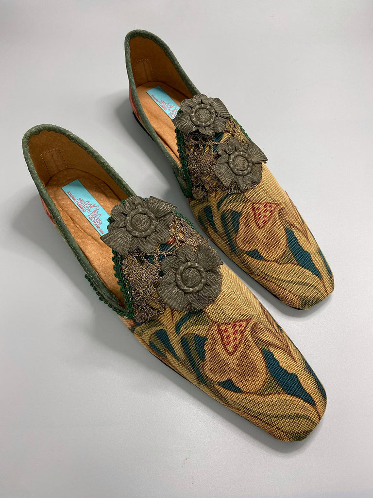 Art Nouveau Belle Epoque squared toe bohemian shoes created from antique textiles. From the Pavilion Parade studio.