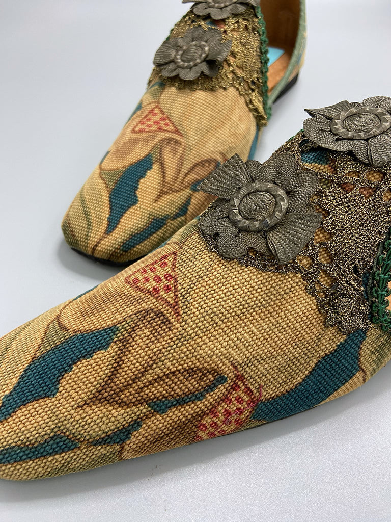 Art Nouveau Belle Epoque squared toe bohemian shoes created from antique textiles. From the Pavilion Parade studio.