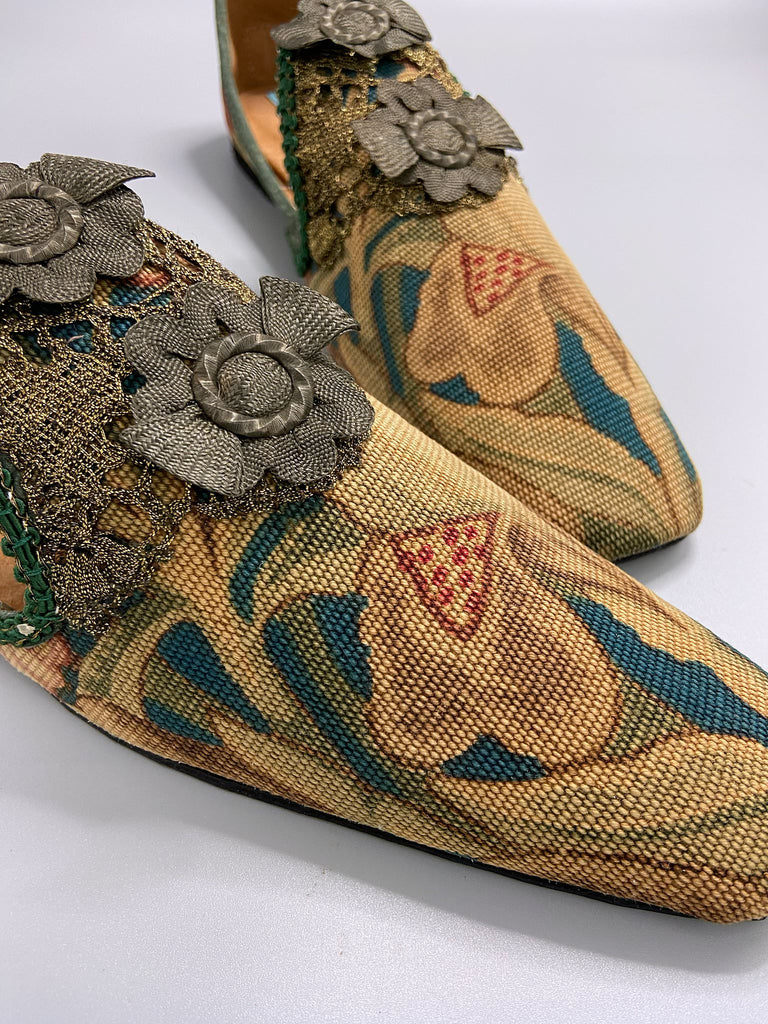 Art Nouveau Belle Epoque squared toe bohemian shoes created from antique textiles. From the Pavilion Parade studio.