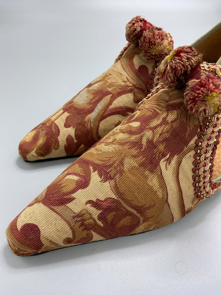 Art Nouveau heraldic lion bohemian pointed shoes created from antique textiles by the Pavilion Parade studio.
