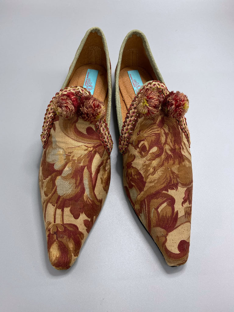 Art Nouveau heraldic lion bohemian pointed shoes created from antique textiles by the Pavilion Parade studio.