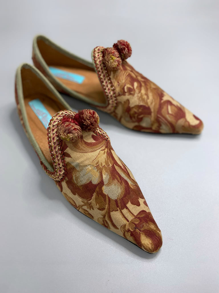 Art Nouveau heraldic lion bohemian pointed shoes created from antique textiles by the Pavilion Parade studio.