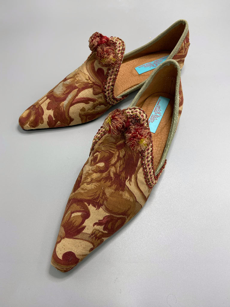 Art Nouveau heraldic lion bohemian pointed shoes created from antique textiles by the Pavilion Parade studio.