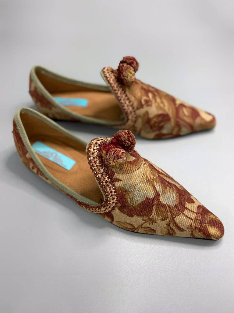 Art Nouveau heraldic lion bohemian pointed shoes created from antique textiles by the Pavilion Parade studio.