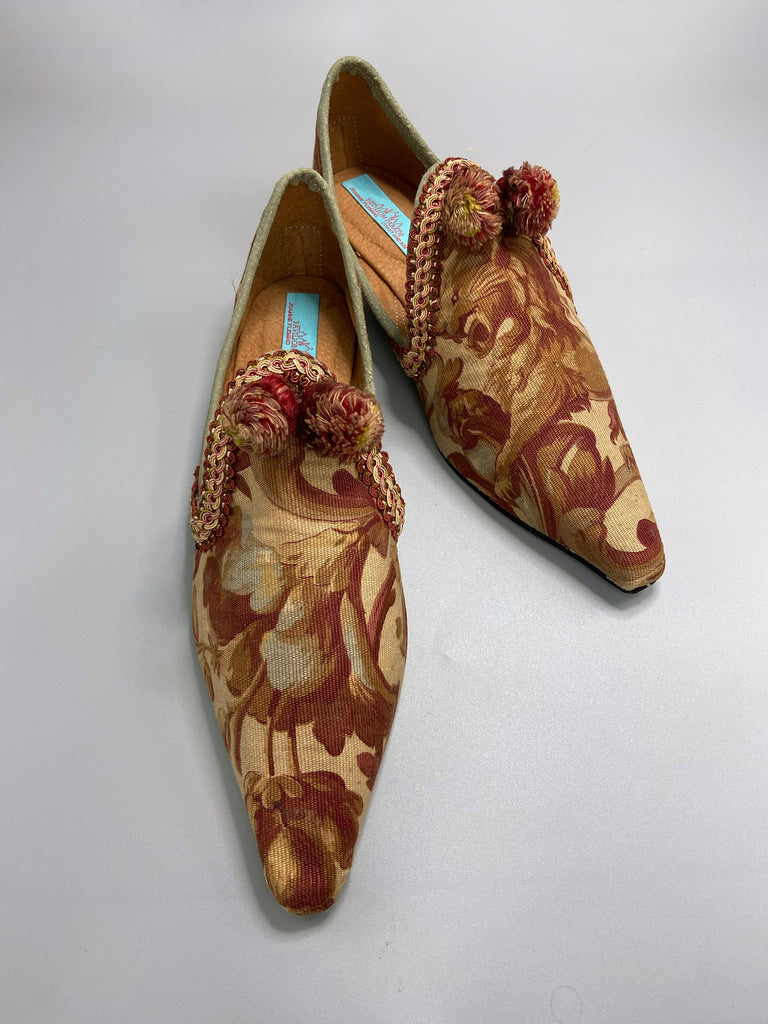 Art Nouveau heraldic lion bohemian pointed shoes created from antique textiles by the Pavilion Parade studio.