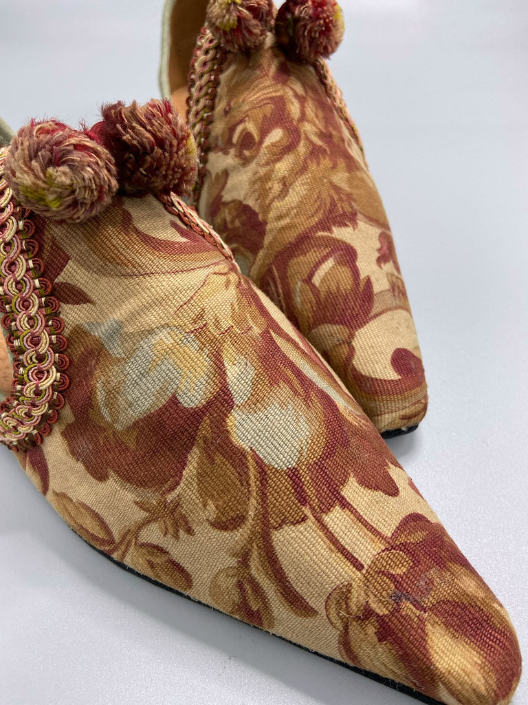Art Nouveau heraldic lion bohemian pointed shoes created from antique textiles by the Pavilion Parade studio.