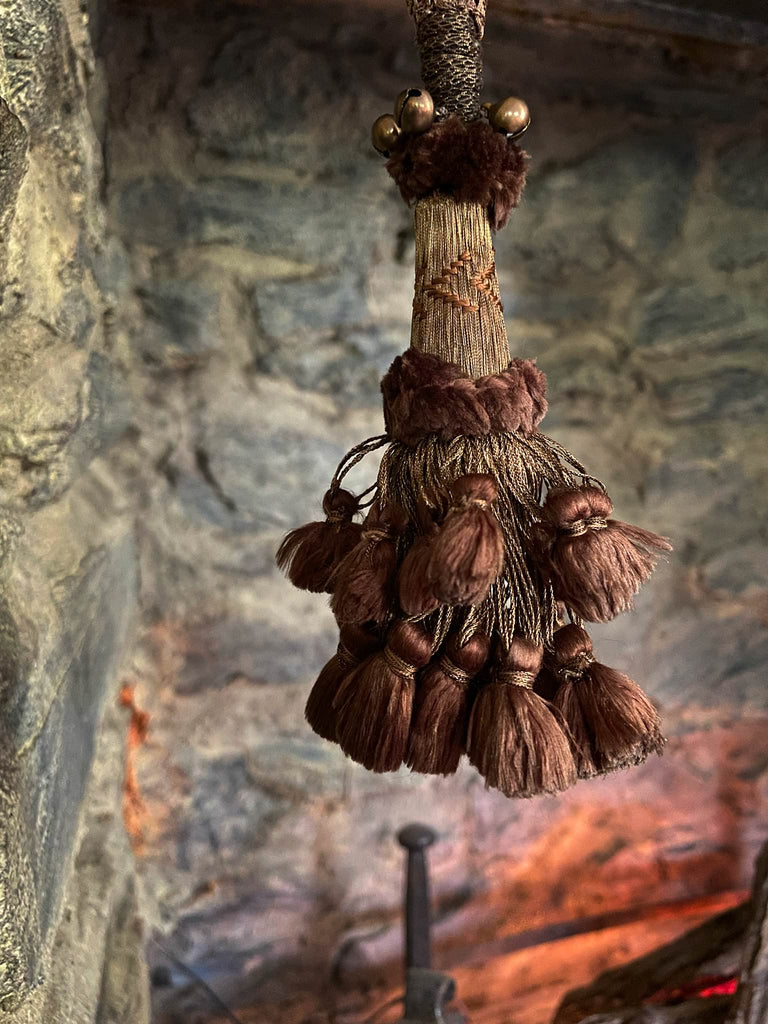 Aesthetic Movement inspired long silk sautoir necklace with antique tassel embellishment. Bohemian style from vintage textiles by Pavilion Parade. 