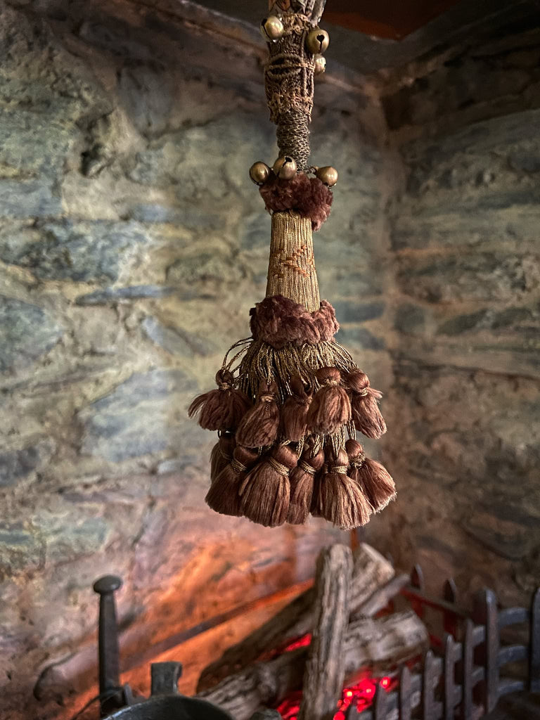 Aesthetic Movement inspired long silk sautoir necklace with antique tassel embellishment. Bohemian style from vintage textiles by Pavilion Parade. 