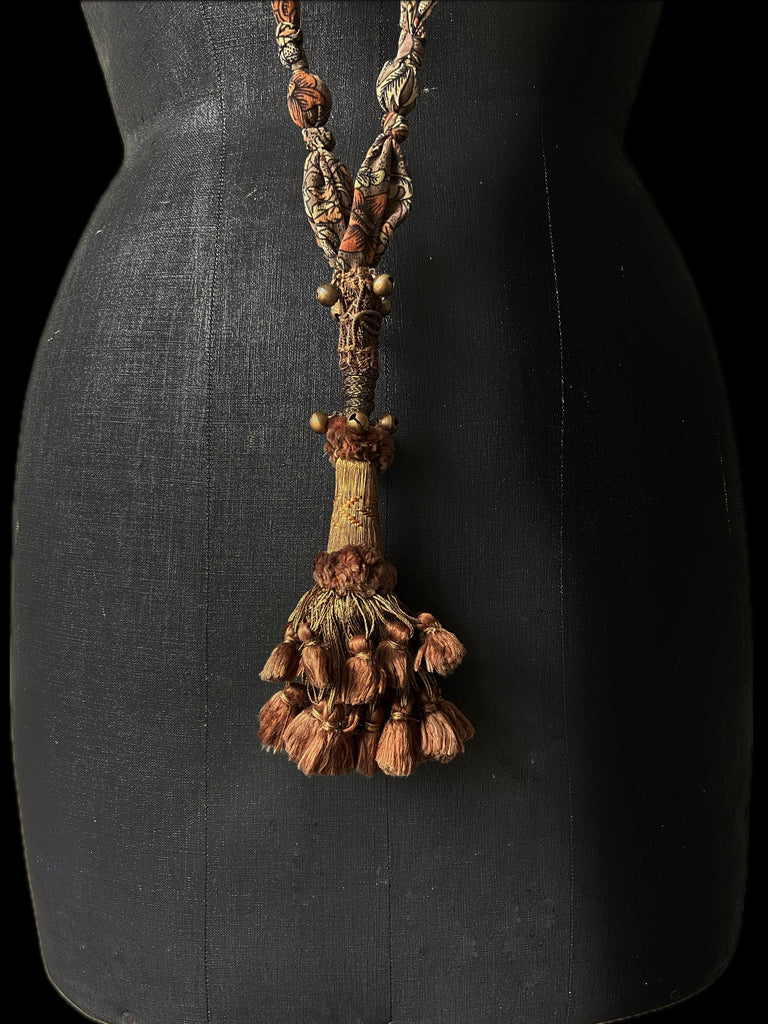 Aesthetic Movement inspired long silk sautoir necklace with antique tassel embellishment. Bohemian style from vintage textiles by Pavilion Parade. 
