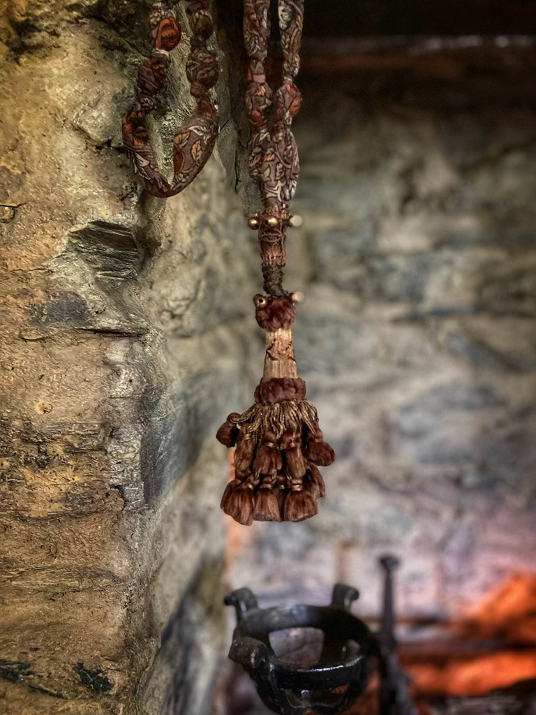 Aesthetic Movement inspired long silk sautoir necklace with antique tassel embellishment. Bohemian style from vintage textiles by Pavilion Parade. 