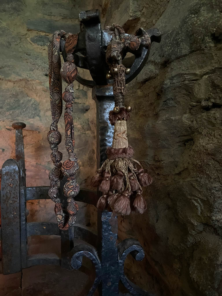 Aesthetic Movement inspired long silk sautoir necklace with antique tassel embellishment. Bohemian style from vintage textiles by Pavilion Parade. 