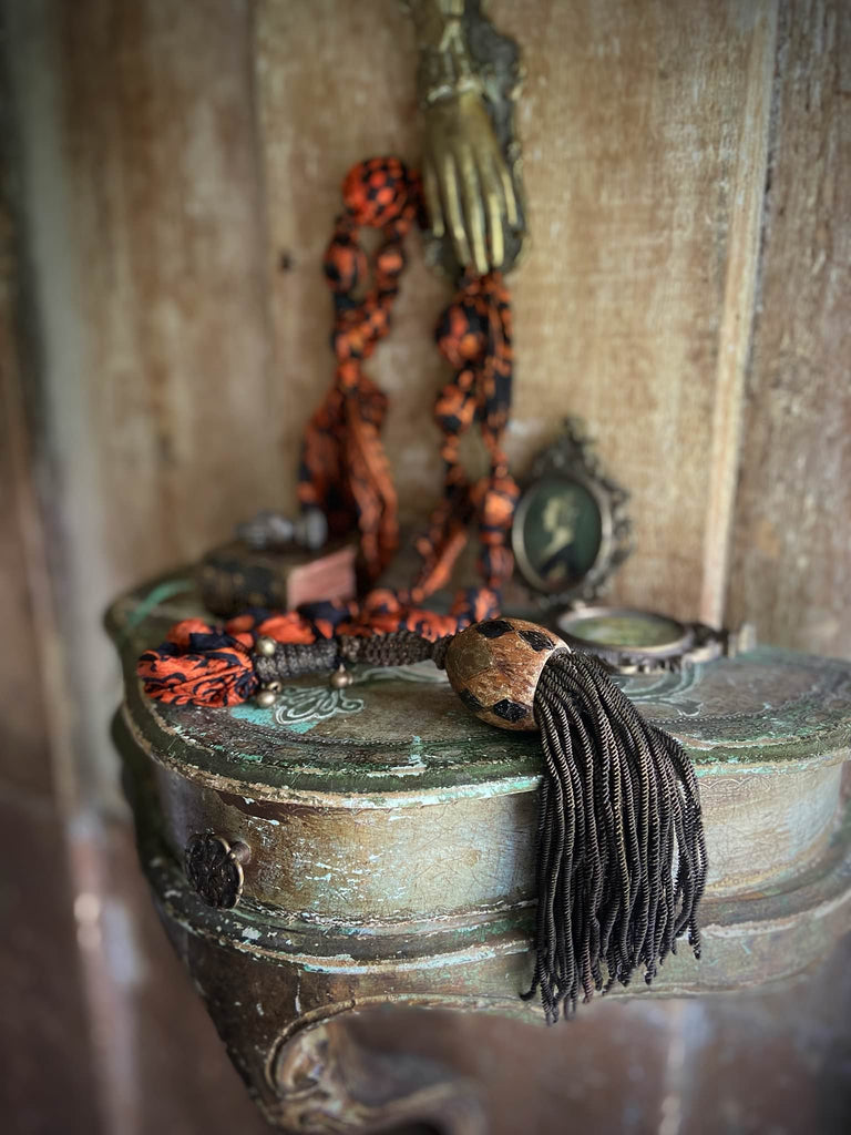 Aesthetic Movement inspired long silk sautoir necklace with antique tassel embellishment. Bohemian style from vintage textiles by Pavilion Parade. 