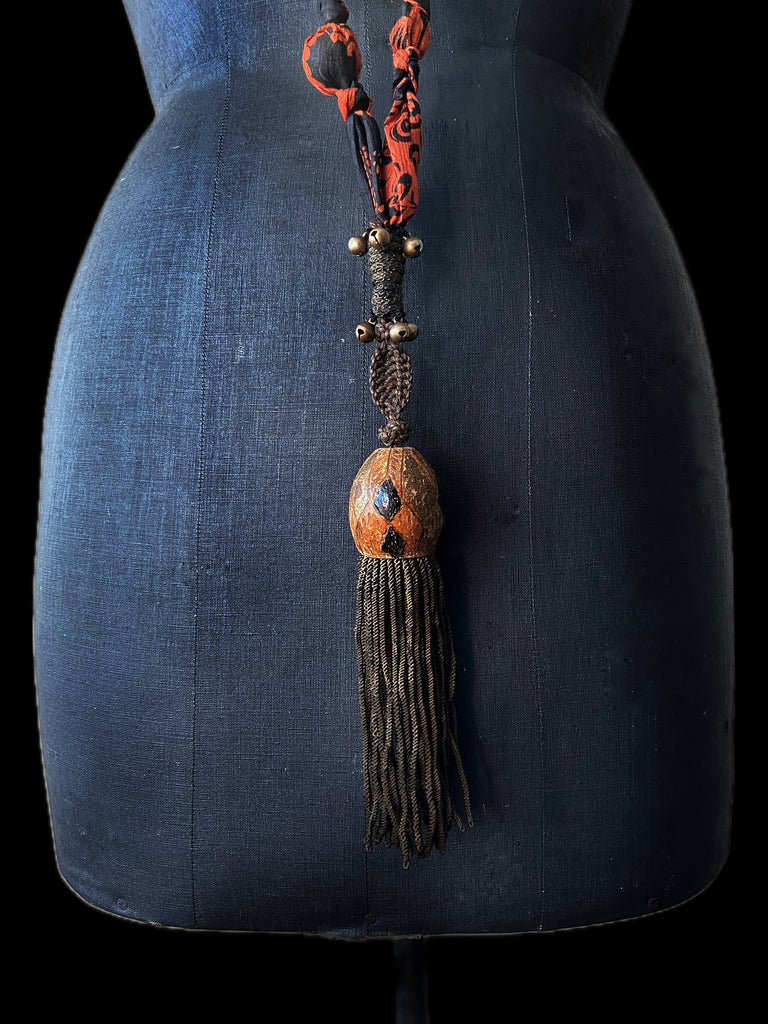 Aesthetic Movement inspired long silk sautoir necklace with antique tassel embellishment. Bohemian style from vintage textiles by Pavilion Parade. 