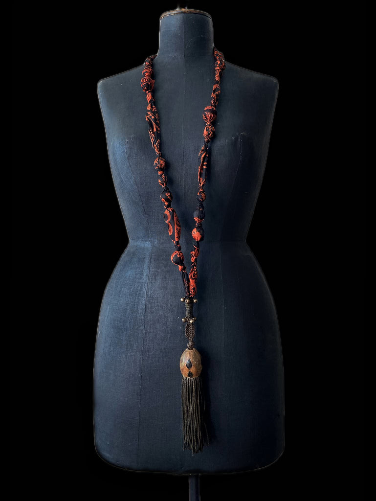 Aesthetic Movement inspired long silk sautoir necklace with antique tassel embellishment. Bohemian style from vintage textiles by Pavilion Parade. 