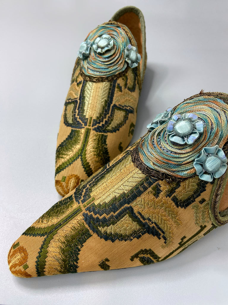 Arts & Crafts woven textile pointed toe shoes with silk passementerie embellishment. Bohemian style created from antique textiles by the Pavilion Parade Studio 