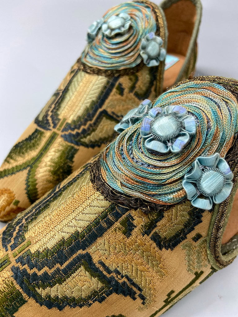 Arts & Crafts woven textile pointed toe shoes with silk passementerie embellishment. Bohemian style created from antique textiles by the Pavilion Parade Studio 