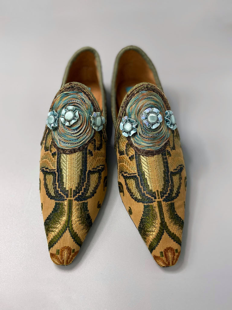 Arts & Crafts woven textile pointed toe shoes with silk passementerie embellishment. Bohemian style created from antique textiles by the Pavilion Parade Studio 