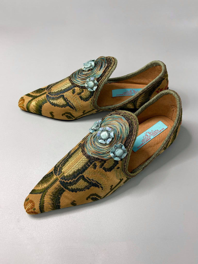 Arts & Crafts woven textile pointed toe shoes with silk passementerie embellishment. Bohemian style created from antique textiles by the Pavilion Parade Studio 