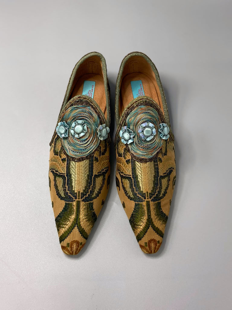 Arts & Crafts woven textile pointed toe shoes with silk passementerie embellishment. Bohemian style created from antique textiles by the Pavilion Parade Studio 