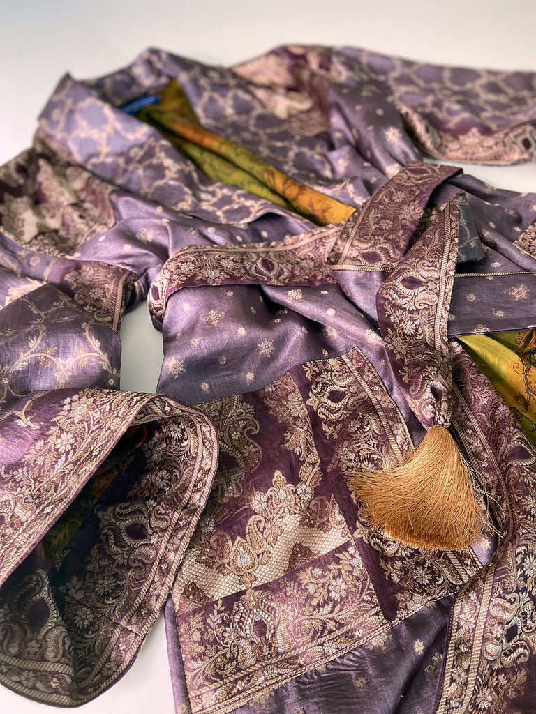Dark lavender, aubergine, and silver-gilt silk robe with wide sleeves, tassel sash, and deep pockets. Unique bohemian styles sustainably created from vintage textiles by the Pavilion Parade studio.