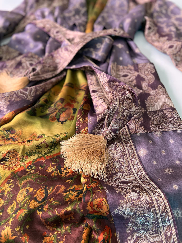 Dark lavender, aubergine, and silver-gilt silk robe with wide sleeves, tassel sash, and deep pockets. Unique bohemian styles sustainably created from vintage textiles by the Pavilion Parade studio.