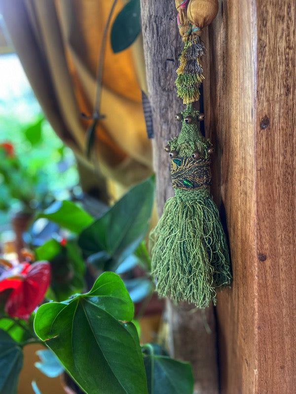 Aesthetic Movement inspired long silk sautoir necklace with antique tassel embellishment. Bohemian style from vintage textiles by Pavilion Parade. 