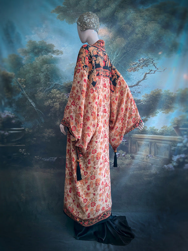 1920s inspired silk kimono robe with tassel sleeves, created from vintage scarlet, pumpkin and antique ivory silk crepe. Unique bohemian designs from the Pavilion Parade studio.