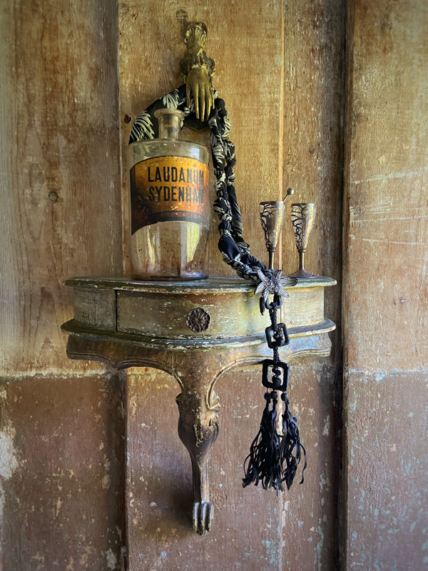 Aesthetic Movement inspired long silk sautoir necklace with antique tassel embellishment. Bohemian style from vintage textiles by Pavilion Parade. 