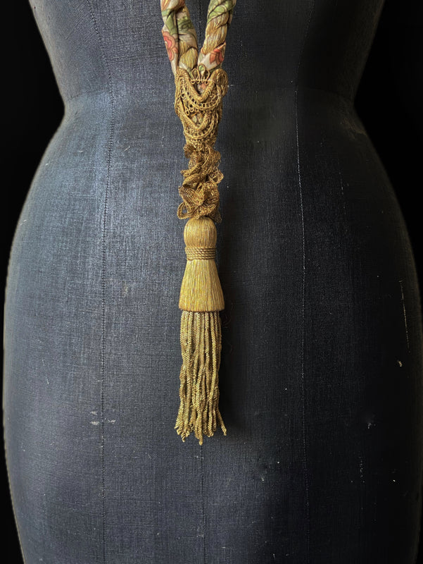 Aesthetic Movement inspired long silk sautoir necklace with antique tassel embellishment. Bohemian style from vintage textiles by Pavilion Parade. 