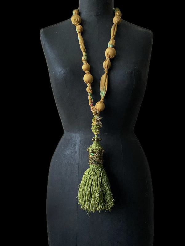 Aesthetic Movement inspired long silk sautoir necklace with antique tassel embellishment. Bohemian style from vintage textiles by Pavilion Parade. 