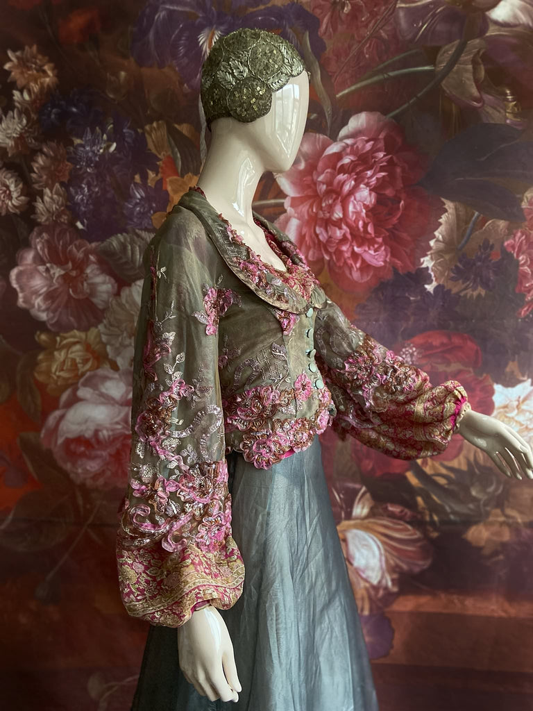 Ribbon embroidered and beaded silk and tulle bodice jacket with picture neckline and pagoda sleeves. French grey, rose pink and lavender. Flight of fancy from the Pavilion Parade studio. 
