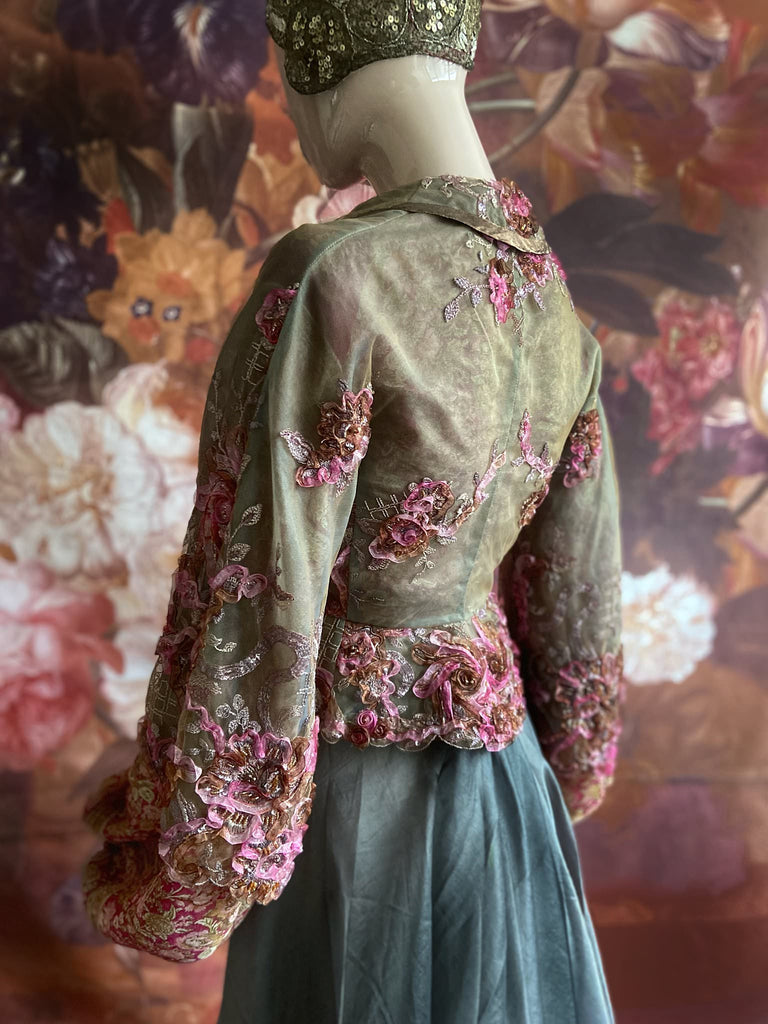 Ribbon embroidered and beaded silk and tulle bodice jacket with picture neckline and pagoda sleeves. French grey, rose pink and lavender. Flight of fancy from the Pavilion Parade studio. 
