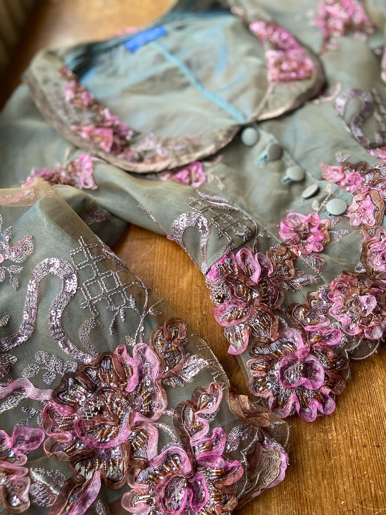 Ribbon embroidered and beaded silk and tulle bodice jacket with picture neckline and pagoda sleeves. French grey, rose pink and lavender. Flight of fancy from the Pavilion Parade studio. 