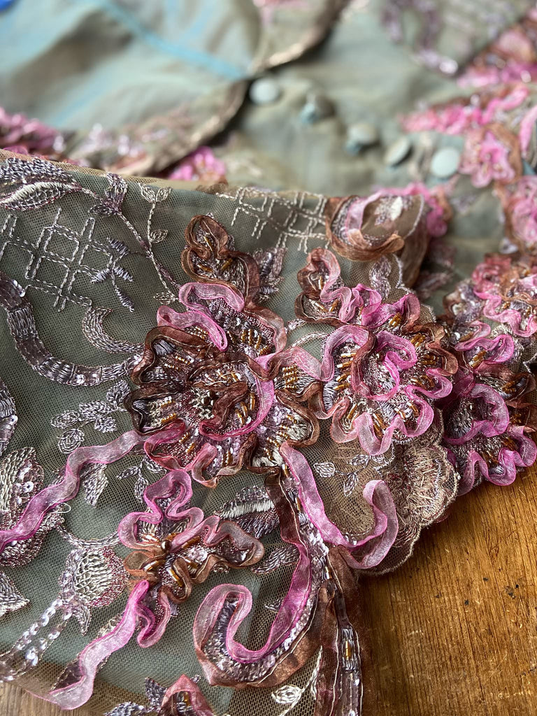 Ribbon embroidered and beaded silk and tulle bodice jacket with picture neckline and pagoda sleeves. French grey, rose pink and lavender. Flight of fancy from the Pavilion Parade studio. 