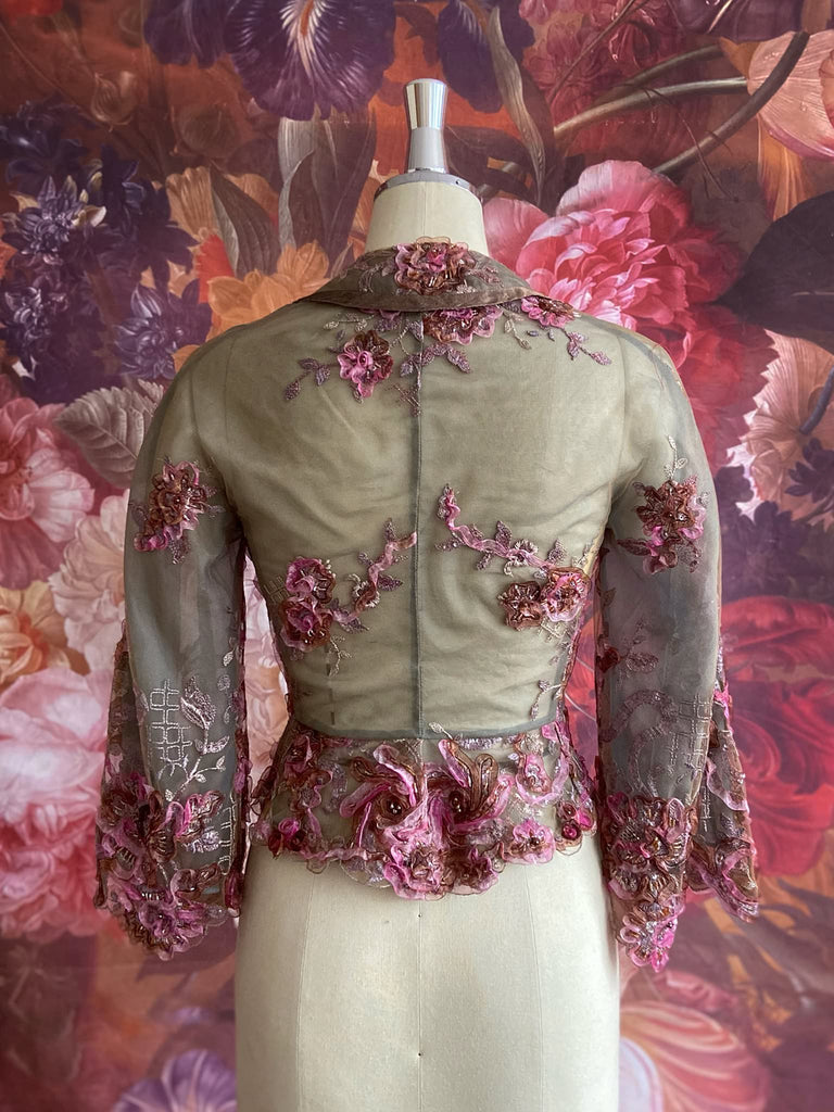 Ribbon embroidered and beaded silk and tulle bodice jacket with picture neckline and pagoda sleeves. French grey, rose pink and lavender. Flight of fancy from the Pavilion Parade studio. 