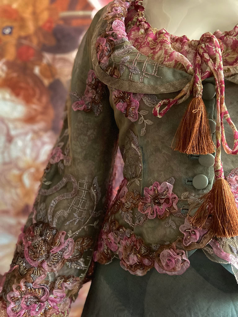Ribbon embroidered and beaded silk and tulle bodice jacket with picture neckline and pagoda sleeves. French grey, rose pink and lavender. Flight of fancy from the Pavilion Parade studio. 