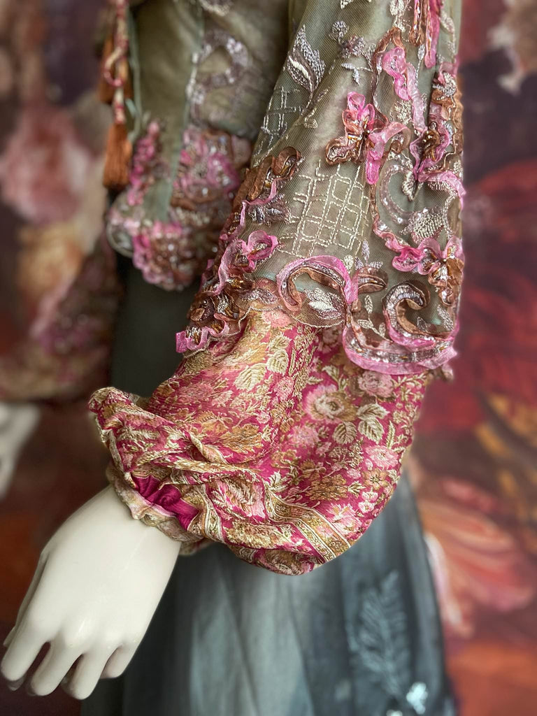 Ribbon embroidered and beaded silk and tulle bodice jacket with picture neckline and pagoda sleeves. French grey, rose pink and lavender. Flight of fancy from the Pavilion Parade studio. 