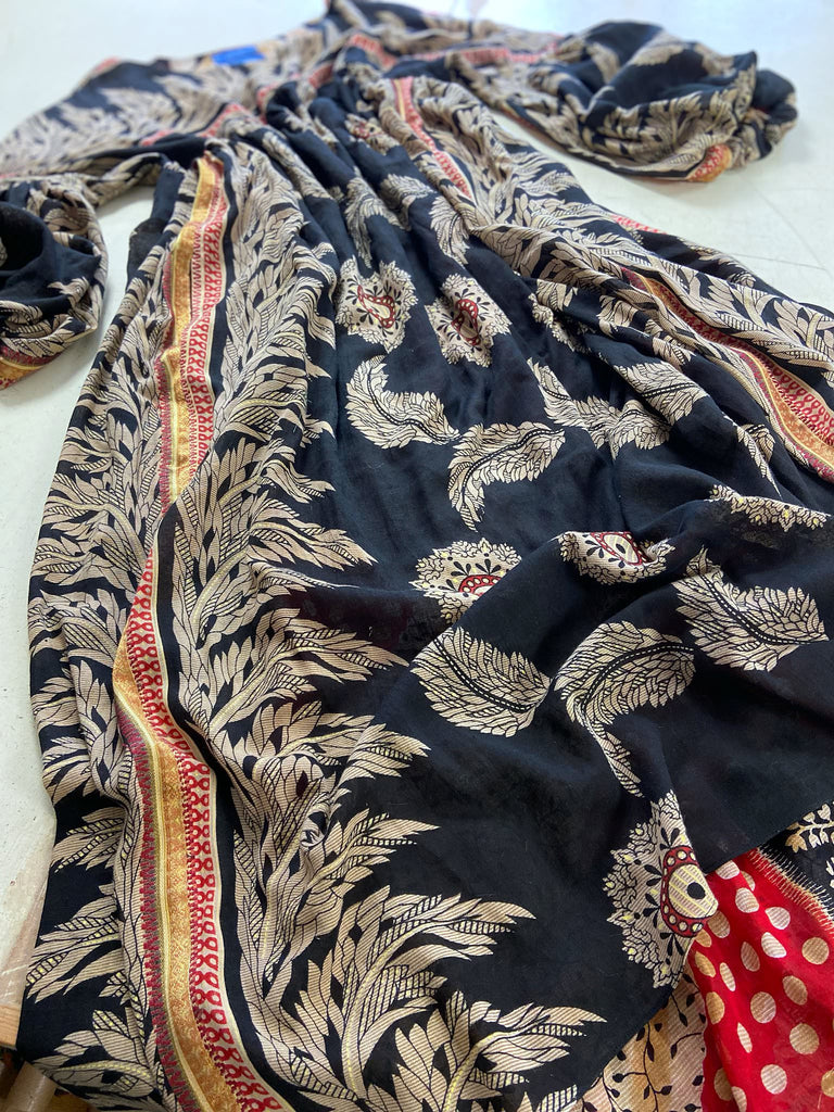 Black and scarlet full sleeve cotton maxi dress with an aesthetic movement inspiration. Bohemian style sustainably created from antique and vintage textiles by the Pavilion Parade studio.