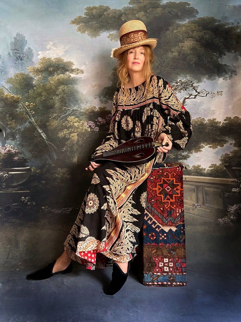 Black and scarlet full sleeve cotton maxi dress with an aesthetic movement inspiration. Bohemian style sustainably created from antique and vintage textiles by the Pavilion Parade studio.