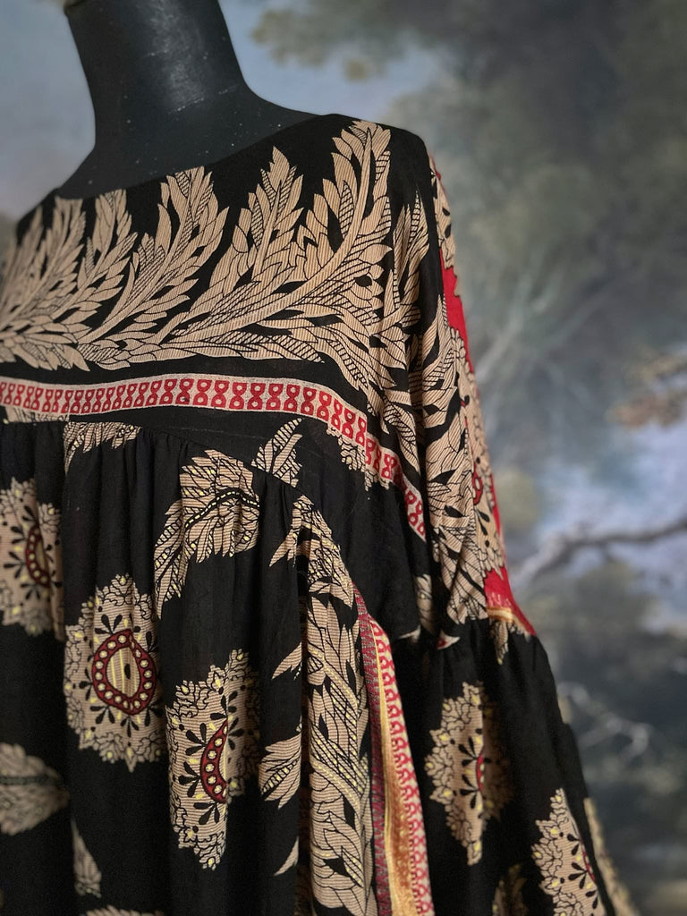 Black and scarlet full sleeve cotton maxi dress with an aesthetic movement inspiration. Bohemian style sustainably created from antique and vintage textiles by the Pavilion Parade studio.