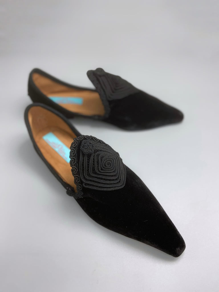 Black silk velvet pointed toe shoes created using antique Edwardian soutache  braid.  Antique  and period style from the Pavilion Parade studio.