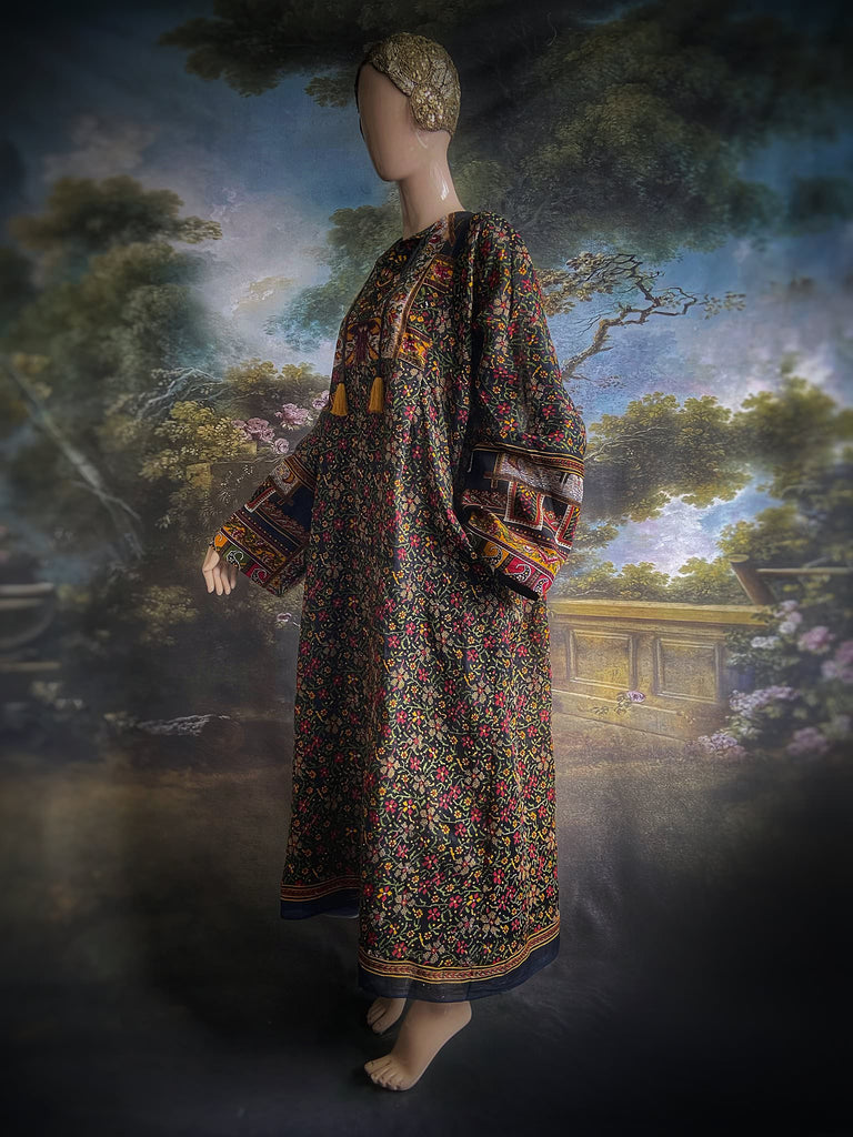 Black block printed floral cotton kaftan maxi dress with pockets and wide sleeves. Unique bohemian styles created from antique and vintage textiles by the Pavilion Parade Studio.
