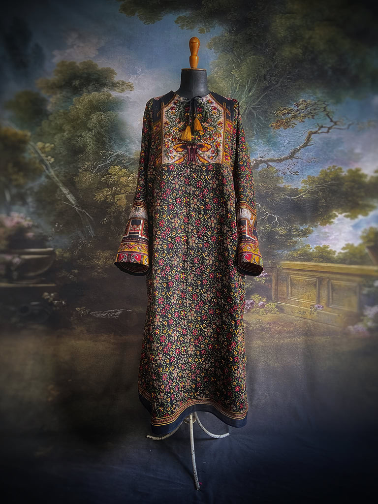 Black block printed floral cotton kaftan maxi dress with pockets and wide sleeves. Unique bohemian styles created from antique and vintage textiles by the Pavilion Parade Studio.
