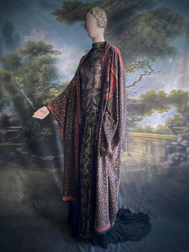1920s inspired silk kimono robe created from vintage black and cinnamon silk crepe. Unique bohemian designs from the Pavilion Parade studio.