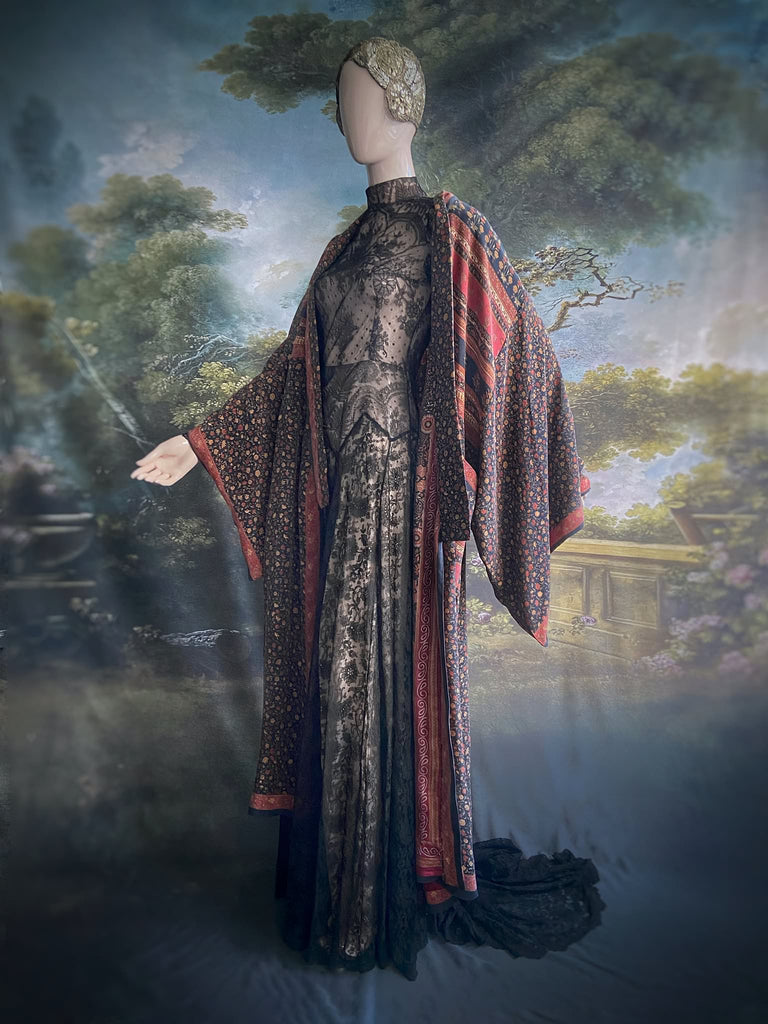 1920s inspired silk kimono robe created from vintage black and cinnamon silk crepe. Unique bohemian designs from the Pavilion Parade studio.