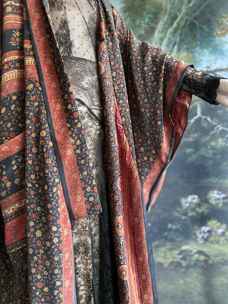 1920s inspired silk kimono robe created from vintage black and cinnamon silk crepe. Unique bohemian designs from the Pavilion Parade studio.