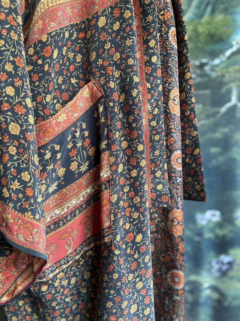 1920s inspired silk kimono robe created from vintage black and cinnamon silk crepe. Unique bohemian designs from the Pavilion Parade studio.