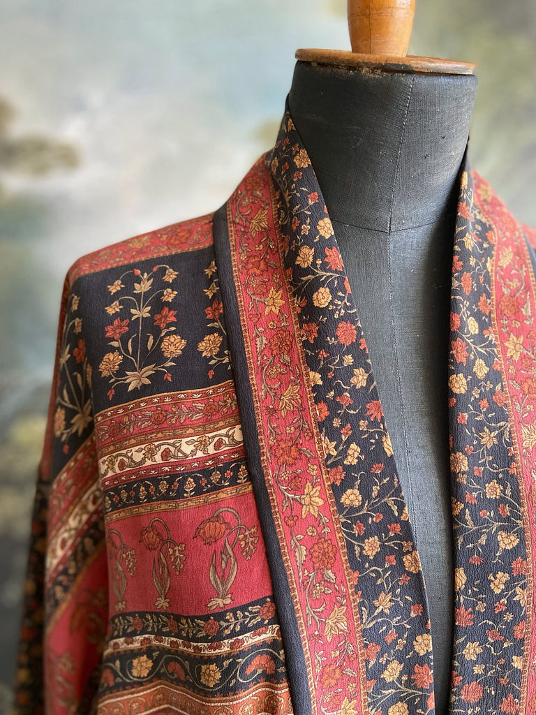 1920s inspired silk kimono robe created from vintage black and cinnamon silk crepe. Unique bohemian designs from the Pavilion Parade studio.