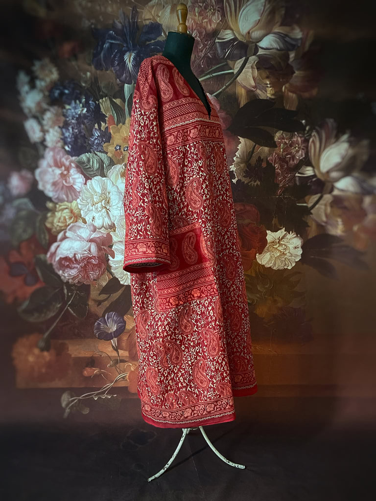 Block printed relaxed fit pure cotton kaftan inspired dress. Reversible design in blood red and indigo. Bohemian style sustainably created from vintage textiles by the Pavilion Parade studio.