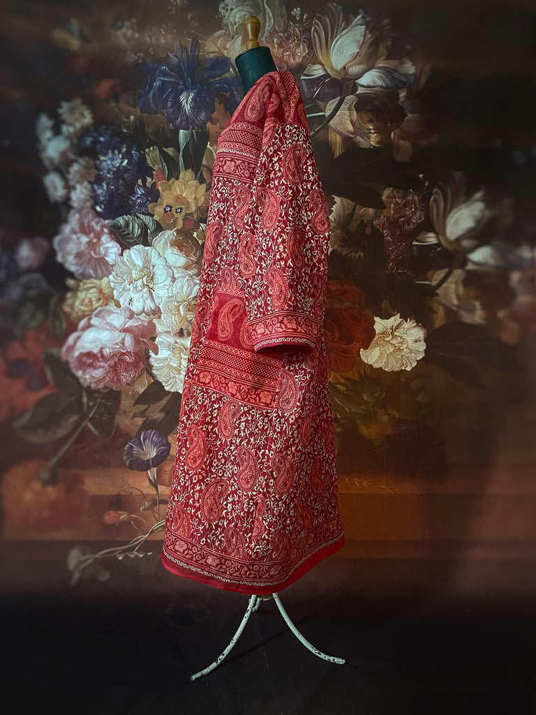 Block printed relaxed fit pure cotton kaftan inspired dress. Reversible design in blood red and indigo. Bohemian style sustainably created from vintage textiles by the Pavilion Parade studio.